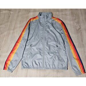 ALDI Windbreaker Jacket Lightweight Silver Gray Rainbow Stripe S Employee